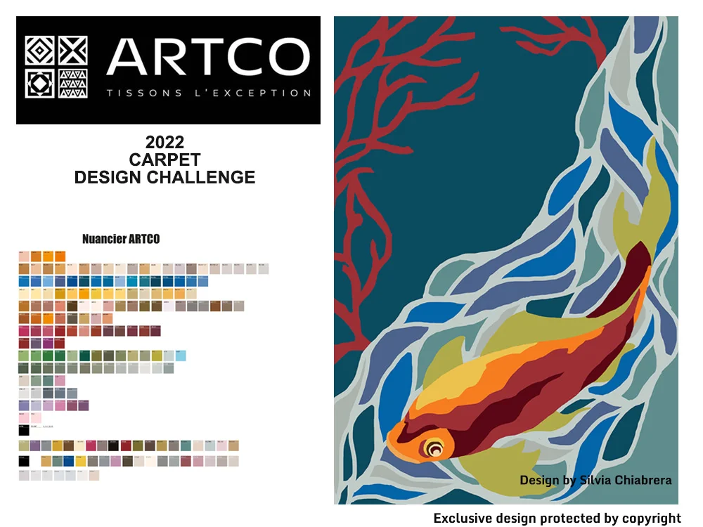 Original custom furniture design by architect Silvia Chiabrera for brand projects. Colorful carpet featuring fish and coral motifs for ARTCO’s Moroccan tufted carpet competition.