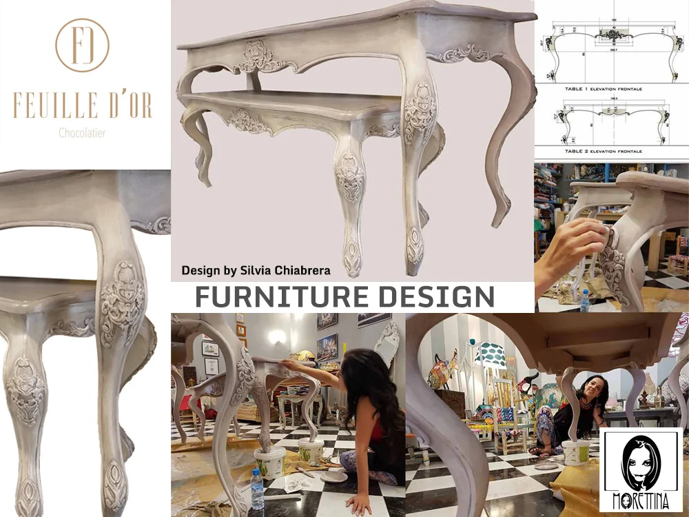 Original custom furniture design by architect Silvia Chiabrera for brand projects. Baroque-style shabby chic tables, hand-painted for Feuille d’Or, a Moroccan chocolate franchise. Custom design with MORETTINA DESIGN