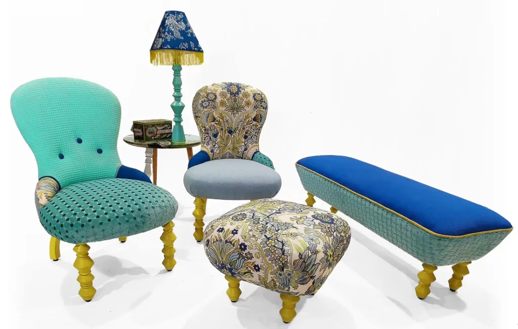 MORETTINA® CONTESSA Collection. Playful baroque contemporary design furniture by Silvia Chiabrera. Cozy armchairs, footstools, benches, vanity stools, and vibrant lamps.