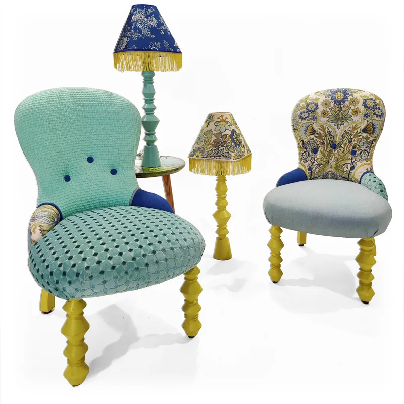 Playful baroque contemporary design with CONTESSA Armchairs and Table lamps: playful cozy furniture design
