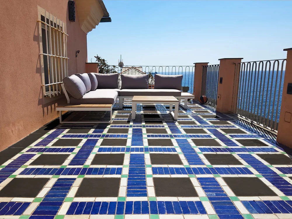 Commercial & Residential Design . Unique custom residence design by Silvia Chiabrera architect. Appartment in Nervi, Genoa, Italy. Italian and Moroccan influences with Moroccan zellij and black slate terrace.