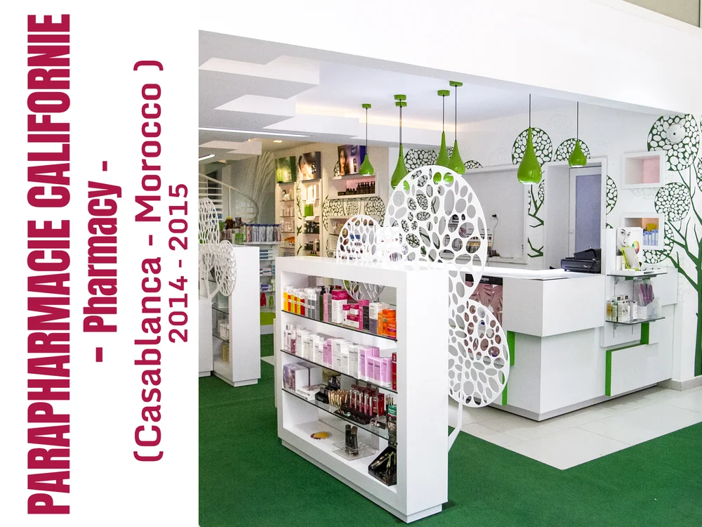 Original shop design by italian architect Silvia Chiabrera with bespoke MORETTINA® furniture . Pharmacy in Casablanca