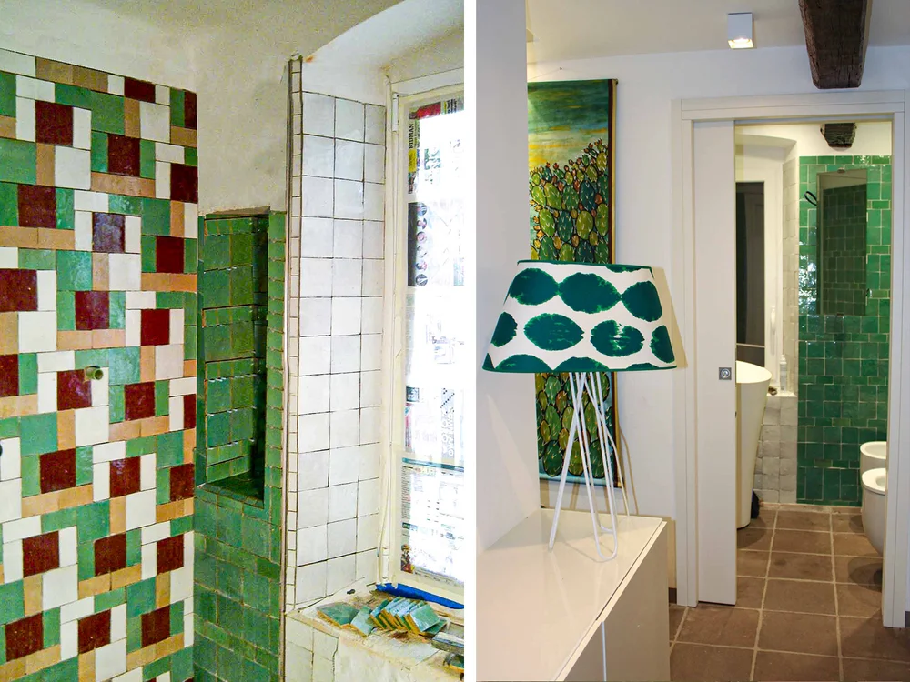 Commercial & Residential Design . Unique custom residence design by Silvia Chiabrera architect. Appartment in Nervi, Genoa, Italy. Moroccan influences with Moroccan zellij bathroom and MORETTINA DESIGN tabla lamp