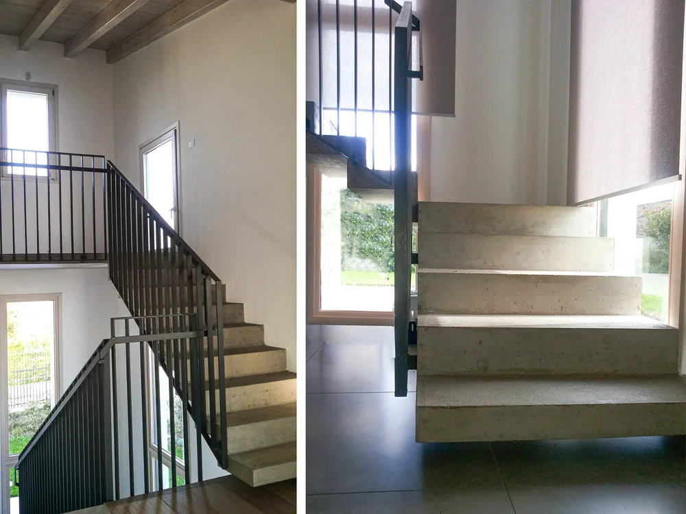 Commercial & Residential Design . Unique custom residence design by Silvia Chiabrera architect. Villa in Pavie, Italy. Contemporary concrete stairs detail.