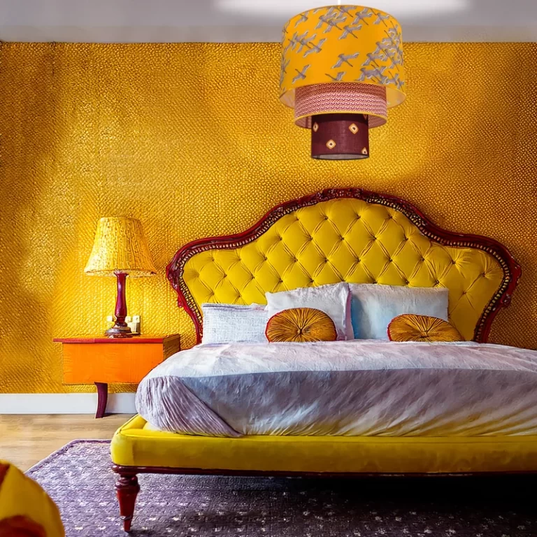 Colorful Bohemian yellow bedroom interior. Pendant lamp by MORETTINA®