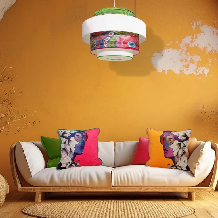 Colorful Bohemian interior . Pendant lamp and art cushions by MORETTINA DESIGN