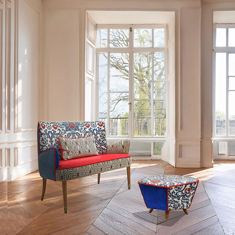 Eclectic Bohemian Furniture by MORETTINA. Elegant sofa and hexagonal modular poufs