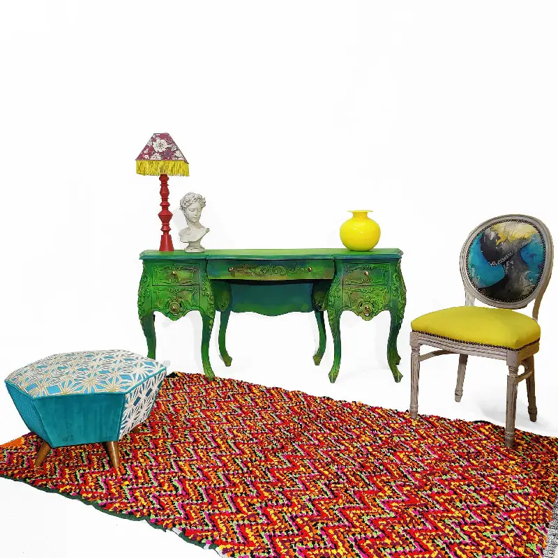 Mediterranean Mix & Match Furniture By MORETTINA®, with vintage furniture makeover , hexagonal modular pouf and Kasbah Berber Carpet.